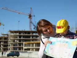 Woman with child at the construction site Stock Footage