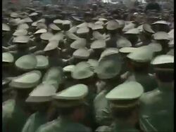 April 27, 1989 FILM MONTAGE WS PAN Rows of police pushing back Tiananmen Square protestors/  Beijing, China/ AUDIO Stock Footage