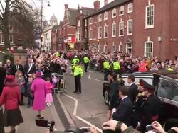 Queen Elizabeth II, Prince Philip, Duke Of Edinburgh And Catherine, Duchess Of Cambridge Visit Leicester Stock Footage