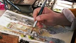 Shot of artist painting with watercolors a scene of a gondola on a canal in Venice. Stock Footage