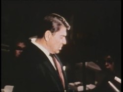 United States President Ronald Reagan proposes a four point peace during a speech at the United Nations in New York City. News Clip