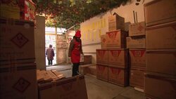 An employee inspects boxes of fireworks in a large room. Stock Footage