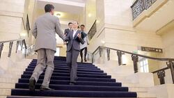 Lawyers talking on staircase in courthouse Stock Footage