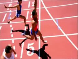 MS relay athletes running over finish line, Australia Stock Footage