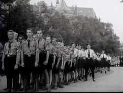 Speeches in Arnhem, Utrecht and Den Haag by several members of the NSB and NSDAP. The WA marches through the streets of Utrecht Stock Footage