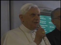Pope Benedict XVI arrived Tuesday on his first papal visit to the United States.  On the plane, he pledged to help heal the wounds that have scarred the Roman Catholic church after a sex abuse scandal. News Clip