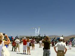 WS POV formation of four vintage WWII fighter planes  flying over of  memorial day air show celebration   / Palm Springs, California , United states Stock Footage
