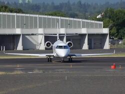 corporate business jet on runway Stock Footage