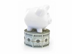 Piggy coin bank and bundle Of Cash. Money, finance concept. Stock Footage