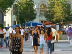 MS People crossing street / Yerevan, Armenia Stock Footage