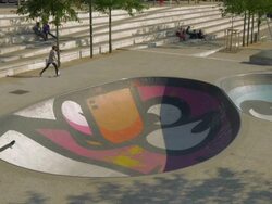 Skateboarder in colorful skatepark,lyons,MS Stock Footage
