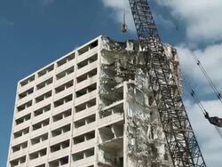 WS Wrecking ball demolishing building / Chicago, Illinois, USA Stock Footage