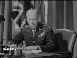 1944: DECISIONS: Angled WS Building w/ hanging US flag. MS Supreme Commander Allied Forces General Dwight D. Eisenhower ('Ike', 1890-1969 ) sitting at desk speaking (No SOT). MS American diplomat & political advisor Robert D. Murphy (1894-1978). Instructional Video