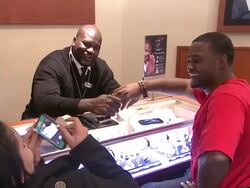 Shaquille O'Neal at Shaquille O'Neal Surprises Holiday Shoppers By "Working" Behind Counter At Zales Jewelers' 5th Avenue Stock Footage