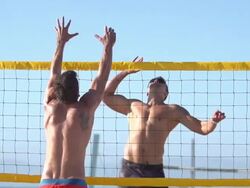 Men playing beach volleyball. - Slow Motion - filmed at 240 fps Stock Footage