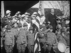 B/W 1910s PAN Boy Scouts standing with Theodore Roosevelt + saluting /  Sagamore Hill, NY / newsreel Stock Footage