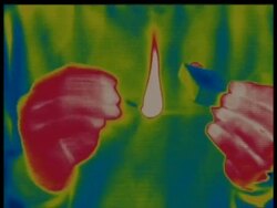 Thermographic image, CU hands striking a match, identical shots with info bar on DB 302 Stock Footage