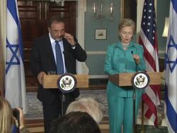 June 2009 MS US Secretary of State Hillary Clinton and Israeli Foreign Minister Avigdor Lieberman holding press conference at the State Department / Washingtin D.C. / June 17, 2009 / AUDIO Stock Footage