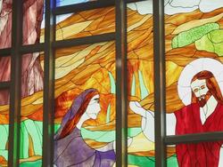  Stained glass with religious connotation in a church Stock Footage