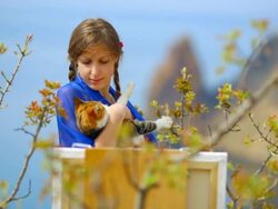 painter girl with a cat Stock Footage