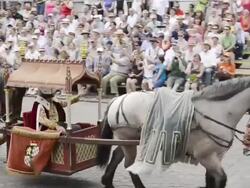MS TS Shot of Man in sedan chair, Medieval party showing marriage of 1475 with medieval clothing, Landshuter Hochzeit 1475 / Landshut, Bavaria, Germany Stock Footage
