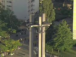 The Monument to the Fallen Shipyard Workers in Gdansk, Solidarity Square and buildings around. Stock Footage