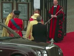 Queen Elizabeth II and Prince Philip, Duke of Edinburgh arrive at Westminster Abbey at the Royal Wedding Arrivals Westminster Abbey B Camera at London England. (Footage by WireImage Video/GettyImages) Stock Footage