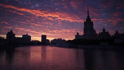 Russia, Moscow, Moskva river, Hotel Ukraine - one of the seven sister skyscrapers, built in Moscow at the end of Stalin's reign (early 1950s) Stock Footage