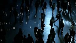 data stream symbolizing global network connection. numbers statistics background. city business district Stock Footage