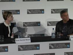 INTERVIEW: Rachel Evans Wood, Philip Seymour Hoffman, George Clooney on doing research for the film at the The Ides of March Press Conference: 55th BFI London Film Festival at London England. (Footage by WireImage Video/Getty Images Entertainment Video) Stock Footage