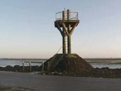 MS Submersible road between french continent and Island of noirmoutier with saftey tower / Noirmoutier, Vendee, France Stock Footage