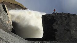 Karahnjukar dam and Halslon reservoir, a massive new contorversial hydro electricity project in North East Iceland, in the wilderness area of Vatnajokull, created by damming the Jokuls a Dal river. Controversial as it flooded a huge area of one of Europes  Stock Footage