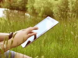 Digital tablet woman, outdoors in beautiful location. Stock Footage