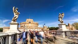 Timelapse of tourists at the Saint Angelo's bridge (Ponte Sant'Angelo) near castle. Rome, Italy. April, 2016. Stock Footage