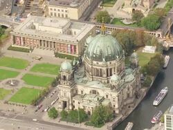 WS AERIAL ZO View over Cathedral largest and most important protestant church / Berlin, Germany Stock Footage