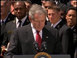 President Bush lauded members of the Naval Academy football team on Monday for again earning the Commander-in-Chief's Trophy, awarded yearly to the winner of the competition between the three major service academies. Instructional Video