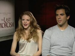 INTERVIEW Eli Roth and Ashley Bell on previous characters, comedy at the The Last Exorcism - Press Junket at London England. (Footage by WireImage Video/GettyImages) Stock Footage