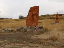 Mount Aragats, statues in the park of letters (Armenian Alphabet) Stock Footage