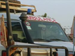 MS PAN ZO Shot of doctors without borders 4x4 vehicles parked in row / Juba, Central Equatoria, Sudan  Stock Footage