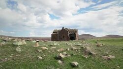 POV shot of old Armenian church ruin in Eastern Anatolian landscape. Stock Footage