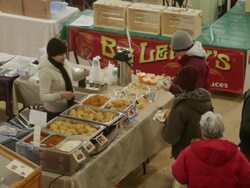 MS Shot of People buying prepared Indian food in Vermont farmers market / Rutland, Vermont, United States Stock Footage