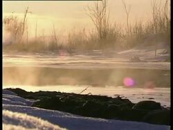 Steam rises from spring in snowy landscape with oily scum foreground, Komi Region, Russia. Stock Footage