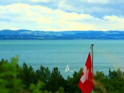 Lake Neuchatel and swiss flag Stock Footage