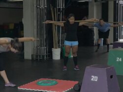 Wide frame. Adriane, Jonice, Steven, Casey and Carly stretch with dowl. Stock Footage