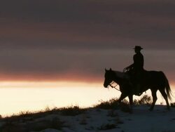 WS Cowboy riding on horse in silhouette at sunset / Shell, Wyoming, United States Stock Footage
