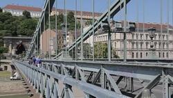 Chain Bridge Szechenyi Lamchid & Hungarian Nation Gallery, Budapest, Hungary, Europe Stock Footage