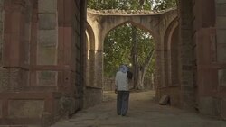 W/S STEADYCAM man walking in the gardens of the Humayun's tomb Stock Footage