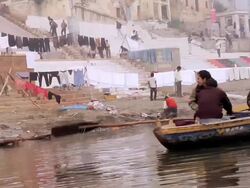 MS POV Tourists roaming in boat on Ganges River / Varanasi, Uttar Pradesh, India Stock Footage