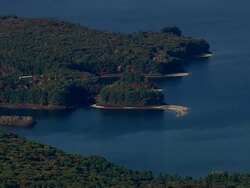 WS AERIAL View of Wachusett Reservoir and city / Massachusetts, United States Stock Footage