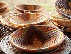 CU R/F Shot of hand woven baskets / ghanzi district, ghanzi district, botswana Stock Footage